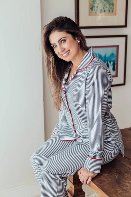 Pijama Clássico Longo Cinza com Vermelho